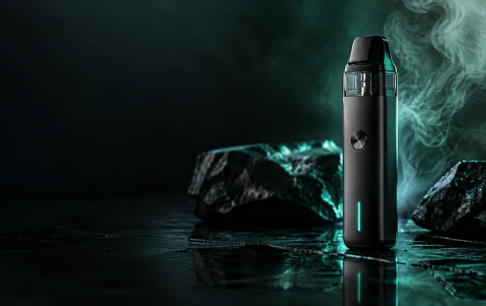 Pod vape device in teal neon light
